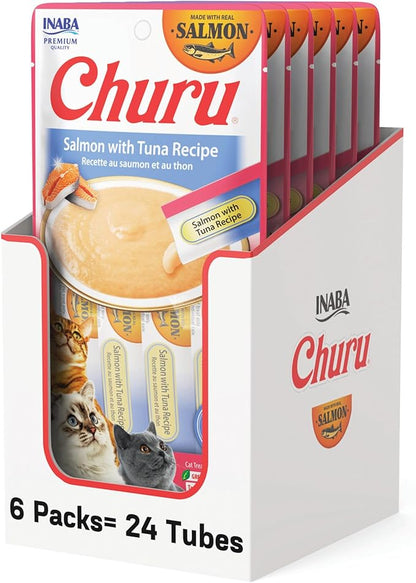INABA Salmon Churu Cat Treats, Lickable, Squeezable Creamy Purée Cat Treat with Green Tea Extract &amp; Taurine, 0.5 Ounces Each Tube, 24 Tubes (4 per Pack), Salmon with Tuna Recipe