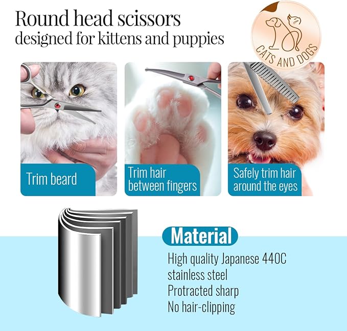 4.5" Dog Grooming Scissors - 3 Pcs Curved &amp; Straight Thinning Shears for Small Dogs &amp; Cats - Japan 440C Stainless Steel
