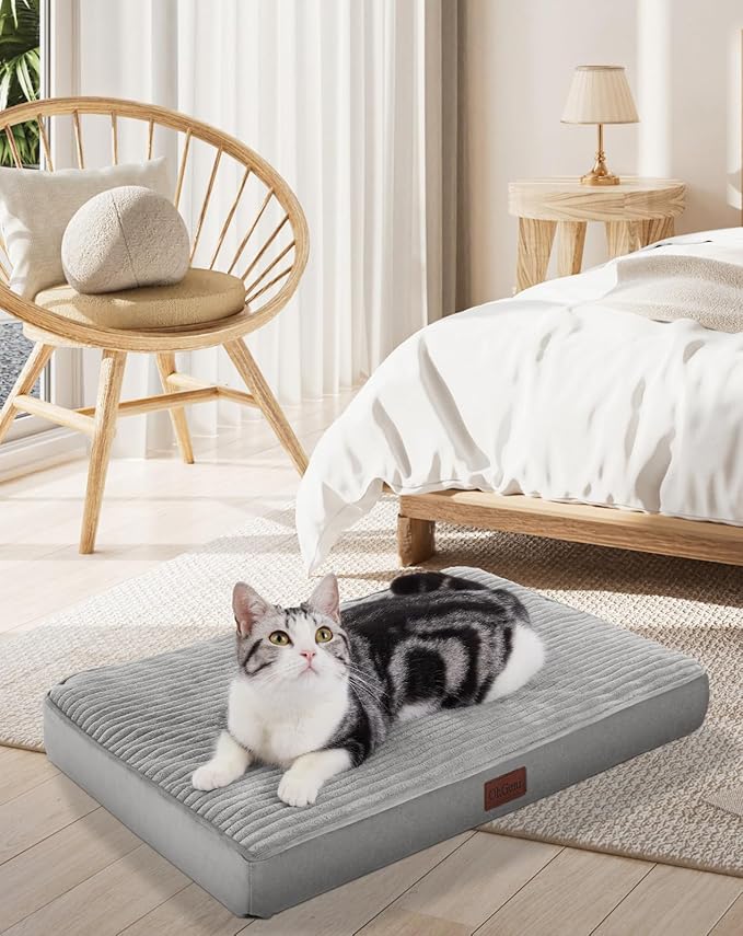 OhGeni Orthopedic Waterproof &amp; Machine Washable Dog Bed for Small Pets, Suitable for Crates, Cat Mat with 25D Egg Crate Foam, Non-Slip Bottom &amp; Removable Cover, Invisible Zipper, 24 Inches(Gray)
