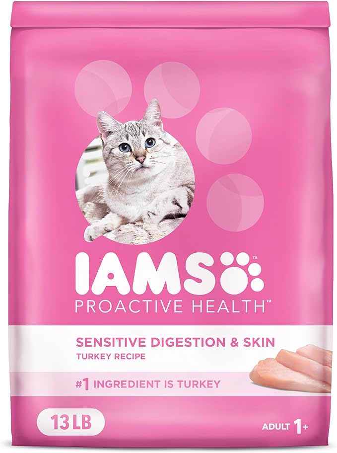 IAMS Proactive Health Adult Sensitive Digestion &amp; Skin Dry Cat Food with Turkey, 13 lb. Bag