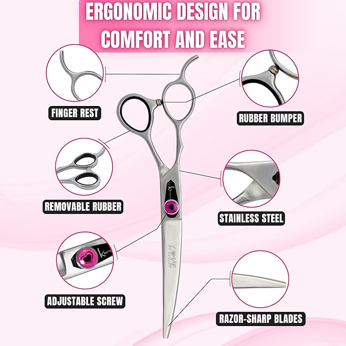 Kenchii Love Left Handed Dog Grooming Scissors, 7 Inch Curved Shears, Dog Scissors for Grooming, Professional Pet Grooming Scissors, Ergonomic &amp; Comfortable