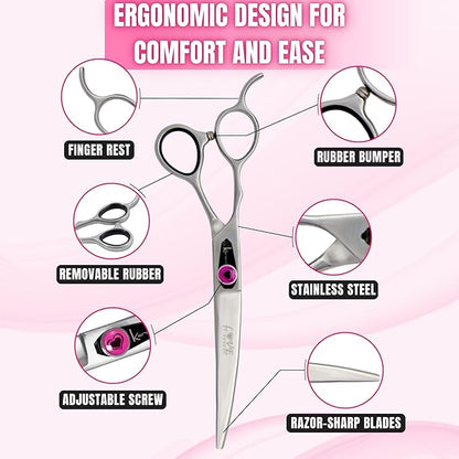 Kenchii Love Left Handed Dog Grooming Scissors, 7 Inch Curved Shears, Dog Scissors for Grooming, Professional Pet Grooming Scissors, Ergonomic &amp; Comfortable
