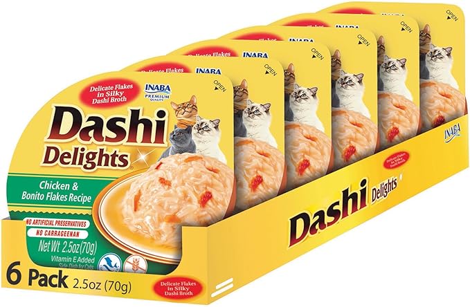 INABA Dashi Delights for Cats, 2.5 Ounce Cup, 6 Cups Total, Chicken &amp; Bonito Flakes Recipe