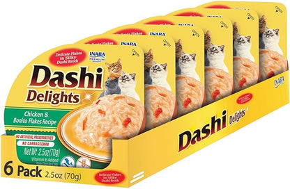 INABA Dashi Delights for Cats, 2.5 Ounce Cup, 6 Cups Total, Chicken &amp; Bonito Flakes Recipe