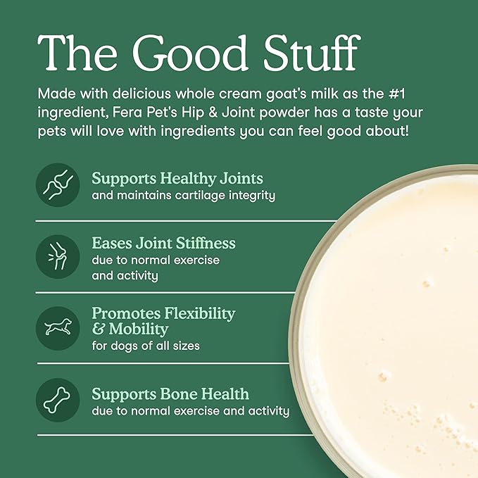 Fera Pets Goat Milk - Cat &amp; Dog Hip and Joint Support with Glucosamine, MSM &amp; Green Lipped Mussel - Supports Flexibility, Mobility &amp; Bone Health - for Picky Eaters - 60 TSP
