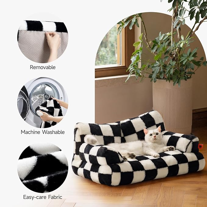MEWOOFUN Cat Bed for Indoor Cats, Washable Dog Beds for Small Medium Dogs &amp; Cats, Fluffy Cat Couch with Non-Slip Bottom (Black&amp;White, 26.0" L x 19.0" W x 13.0" Th)