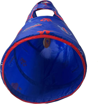 NFL Buffalo Bills Cat Tunnel Tube Toy with Plush Football Catnip and Feathers Collapsible Tunnel for Cats to Play, Peek and Hide, Sporty &amp; Fun Cat Tunnel Toy with Team Logo All-Over Design!