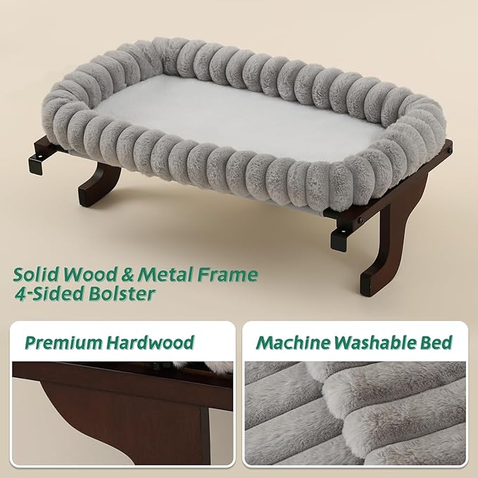 SnugCloud Cat Window Perch with 4-Sided Bolster - Orthopedic Cat Hammock for Window Sill - Solid Hardwood &amp; Metal Frame - Window Seat for Pets (Dark Stained Wood w/Gray Bed, Large)
