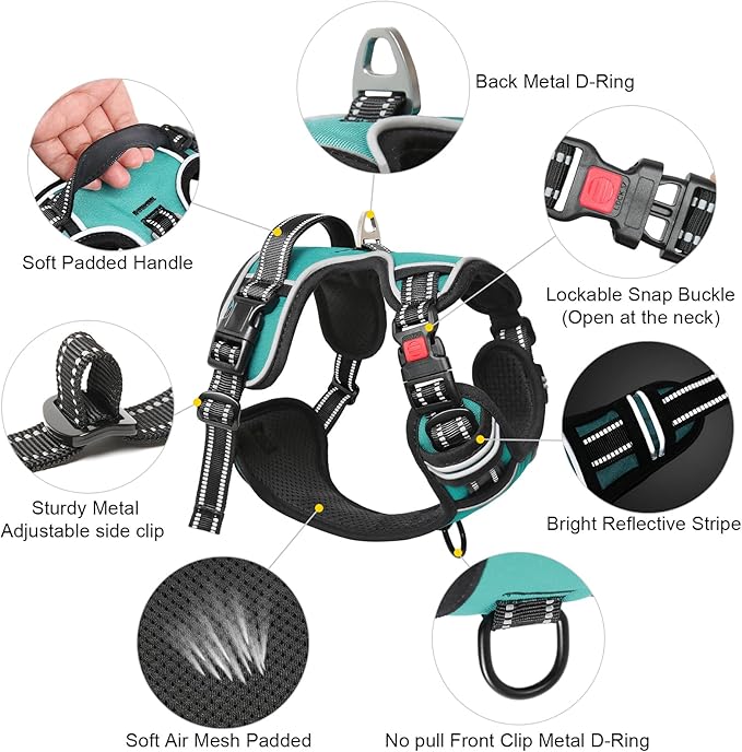 Timos No Pull Dog Harness,NO Need Go Over Dogs Head 3 Snap Buckles Reflective Oxford No Choke Puppy Harness with Front &amp; Back 2 Metal Leash Clips Soft Padded Vest Harnesses for Small Medium Large Dogs
