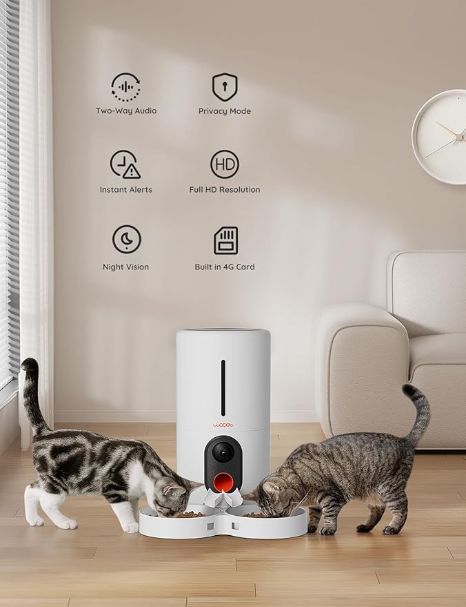 WOPET Automatic Cat Feeder with Camera for Two Cats, 6L Automatic Dog Feeder with HD Video and Night Vision, 5G/2.4G WiFi Pet Feeder for Cats &amp; Dogs, SD Card Storage &amp; 2-Way Audio