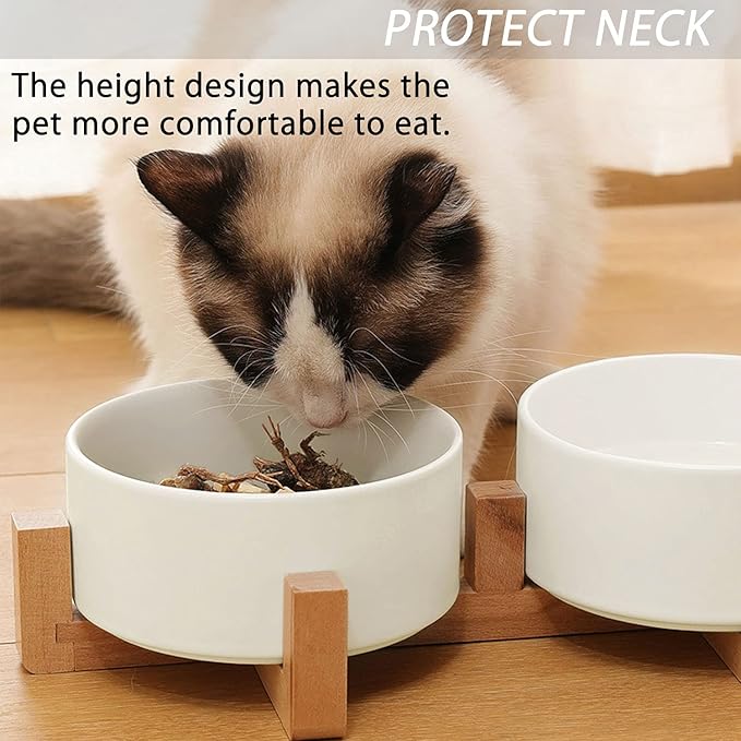 Petygooing Dog Bowls,White Ceramic Cat and Dog Bowl Set with Wood Stand for Food and Water, Non-Slip Cute Modern Pet Dish Set for Cats &amp; Medium Dogs (28OZ)