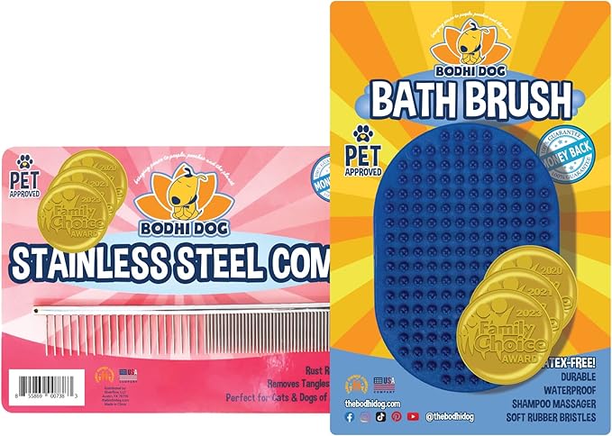 Bodhi Dog Stainless Steel Comb &amp; Shampoo Brush - Bath &amp; Shower Supplies for Dogs &amp; Cats - Removes Shedding, Mats &amp; Tangles - Pet Grooming Scrubber Bundle (Blue)