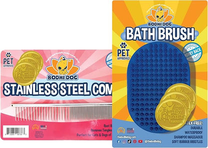 Bodhi Dog Stainless Steel Comb &amp; Shampoo Brush - Bath &amp; Shower Supplies for Dogs &amp; Cats - Removes Shedding, Mats &amp; Tangles - Pet Grooming Scrubber Bundle (Blue)