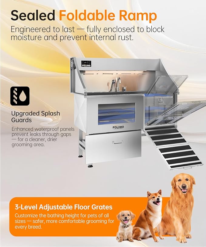 polimo Dog Washing Station with Dryer &amp; LED, Professional Stainless Steel Grooming Tub, Dog Bathtub for Large, Medium &amp; Small Dog, w/Window, Ramp, Drawer, Floor Grate &amp;Fauct （Right RAMP &amp; Dryer, 50"）