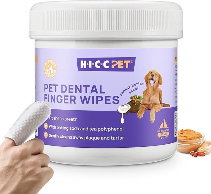 HICC PET Teeth Cleaning Wipes for Dogs &amp; Cats, Remove Bad Breath by Removing Plaque and Tartar Buildup No-Rinse Dog Finger Toothbrush, Disposable Gentle Cleaning &amp; Gum Care Pet Wipes, 50 Counts