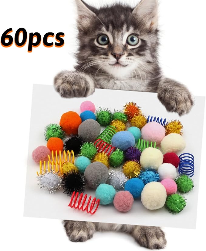 60 Pack Cat Toys - Assorted Kitten, Mouse, Crinkle &amp; Pom Pom Balls
