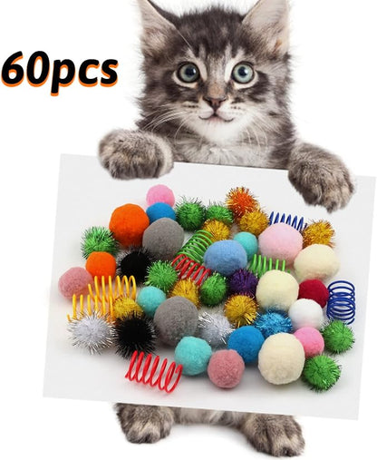 60 Pack Cat Toys - Assorted Kitten, Mouse, Crinkle &amp; Pom Pom Balls