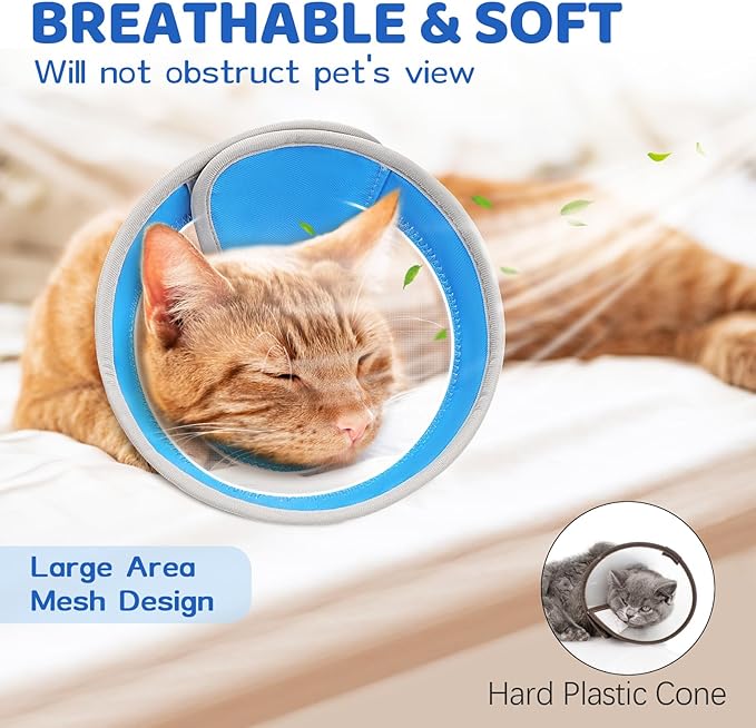 Breathable Air Mesh Cat Cone Collar Soft to Stop Licking, Adjustable, Foldable Lightweight Kitten Cones After Surgery Recovery for Cats &amp; Kittens (Light Blue,L)