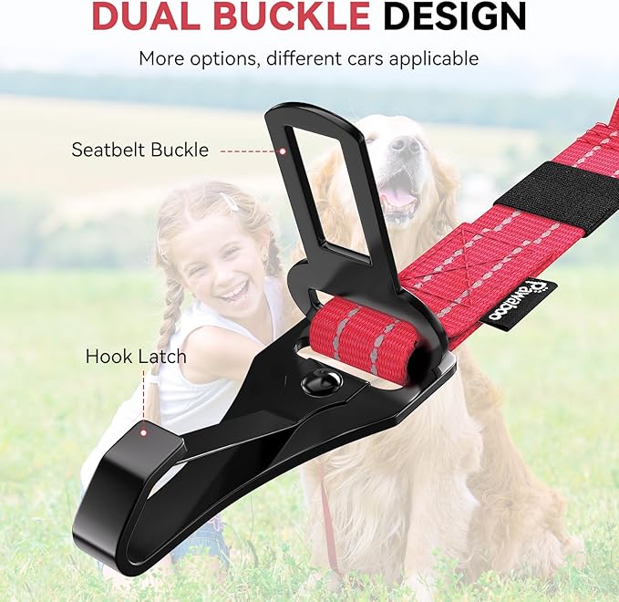 Pawaboo 2Pack Dog Seatbelt for Car, 3-in-1 Dog Seat Belt Bungee, Shockproof Dog Car Tether with Buckle &amp; Hook Latch, Adjustable Reflective Dog Car Harness Leash with 360° Lockable Buckle, Red