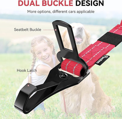 Pawaboo 2Pack Dog Seatbelt for Car, 3-in-1 Dog Seat Belt Bungee, Shockproof Dog Car Tether with Buckle &amp; Hook Latch, Adjustable Reflective Dog Car Harness Leash with 360° Lockable Buckle, Red