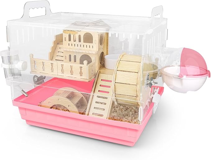 Cycodo 8 in 1 Acrylic Hamster Cage,2-Tier Dwarf Hamster Cage with Wooden Wheel &amp; Hideout,Small Hamster Habitat with Accessories,Clear Pet Mice House(Pink,14" L*10" W*11" H)