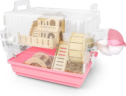 Cycodo 8 in 1 Acrylic Hamster Cage,2-Tier Dwarf Hamster Cage with Wooden Wheel &amp; Hideout,Small Hamster Habitat with Accessories,Clear Pet Mice House(Pink,14" L*10" W*11" H)