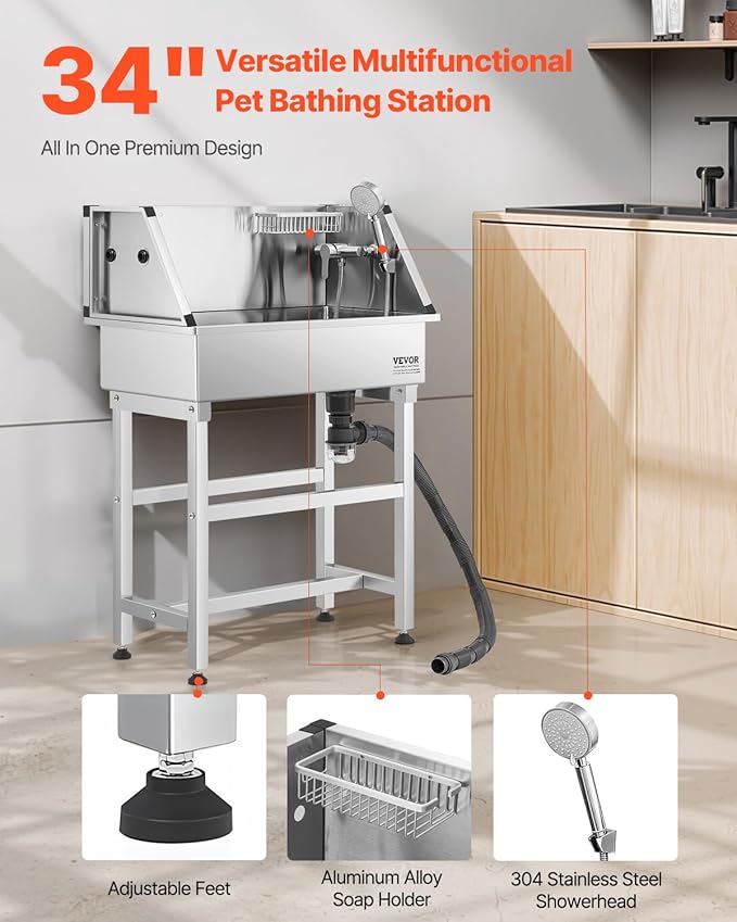 VEVOR Stainless Steel Dog Washing Station, 34 inch Pet Grooming Tub w/Faucet &amp; Showerhead &amp; Soap Holder &amp; Play Balls Simple Dog Bathtub for Multiple Pets, Home Washing Sink
