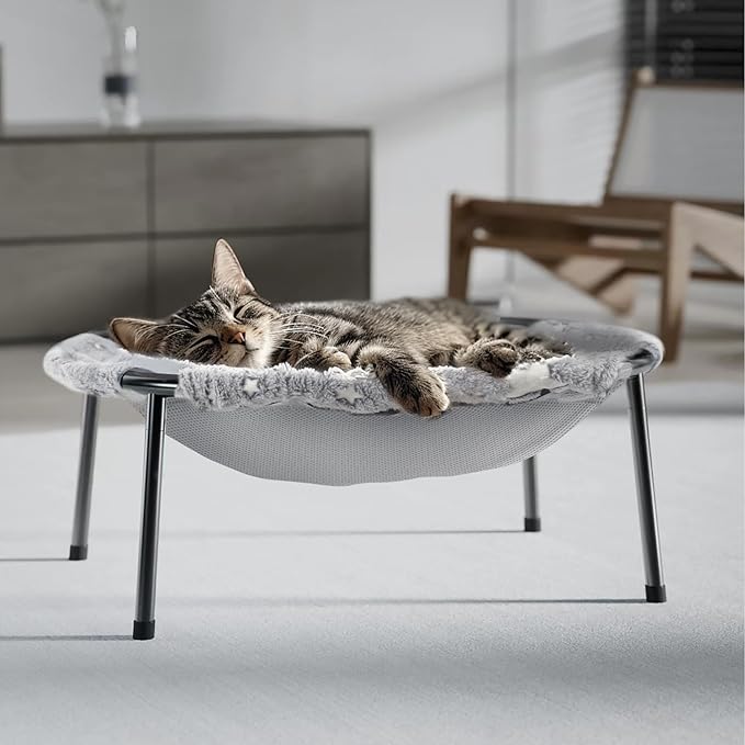 Elevated Cat Bed, Glow-in-The-Dark Fabric Cat Hammock Bed for Large Indoor Cats, Machine Washable &amp; Breathable Cover, Tool Free Easy Assembly, up to 66Lbs (Gray, L)