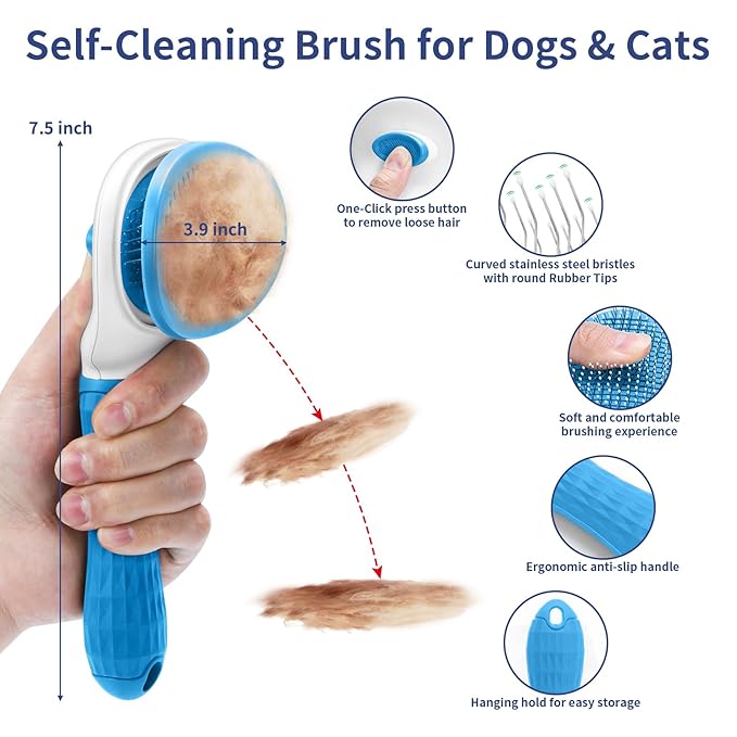 5 in 1 Dog Grooming Kit - Self-Cleaning Slicker Brush for Shedding Short Long Haired Dogs &amp; Cats, Includes Pet Comb, Flea Comb, Bath Brush, Undercoat Rake - Complete Fur Care Set - Blue