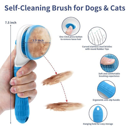 5 in 1 Dog Grooming Kit - Self-Cleaning Slicker Brush for Shedding Short Long Haired Dogs &amp; Cats, Includes Pet Comb, Flea Comb, Bath Brush, Undercoat Rake - Complete Fur Care Set - Blue