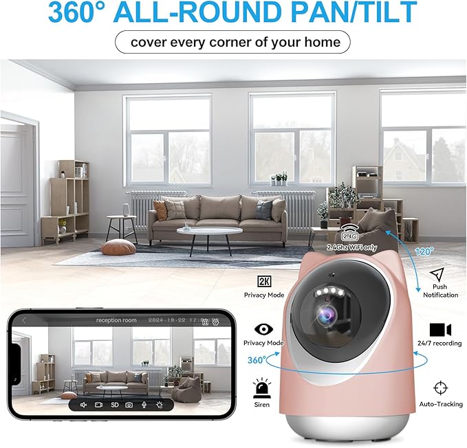 Indoor Camera, Cameras for Home Security,Home Cameras Indoor for Baby&amp;Pet Monitoring,Night Vision,Smart Motion Tracking, Pan360° &amp; Tilt 180°, 3MP Wi-Fi Two-Way Audio （Pink