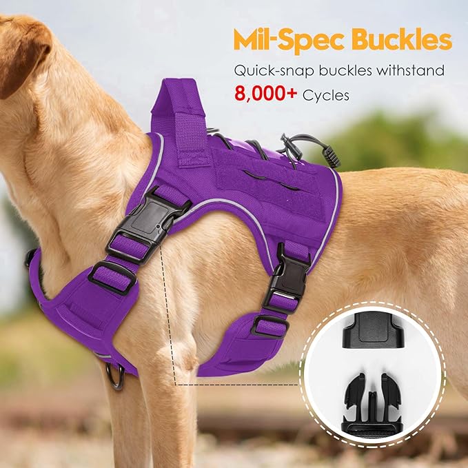 Heavy-Duty Tactical Dog Harness for Large Dogs, No Pull Adjustable Reflective Pet Vest with Molle System, K9 Military-Grade Control for Service Training, Outdoor &amp; 10+ Breeds, Purple, Small