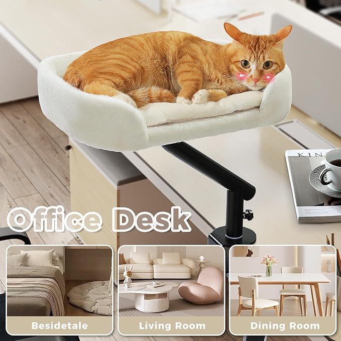 PAWZ Road Cat Desk Bed for Indoor Cats, Cat Bed for Desk Supports Up to 50 lbs, 360° Rotation &amp; Adjustable, Nest Desktop Attachment Cats Hammock for Table, White