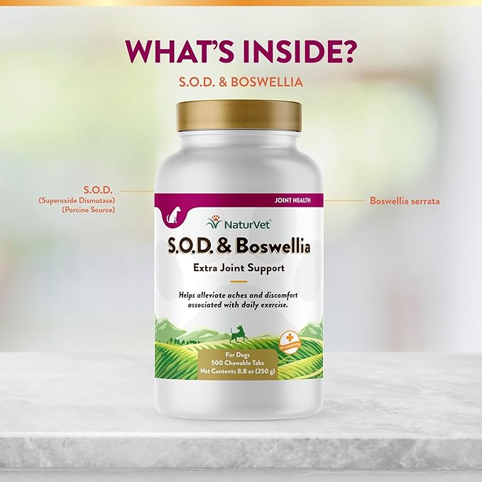 NaturVet S.O.D. &amp; Boswellia Extra Joint Support Dog Supplement – Dog Hip Supplement – Helps Alleviate Aches, Pain – for Dog Flexibility, Healthy Joint Function – 500 Ct. Chewable Tablets