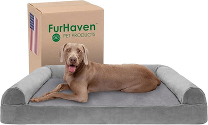Furhaven Cooling Gel Dog Bed for Large Dogs w/ Removable Bolsters &amp; Washable Cover, For Dogs Up to 125 lbs - Faux Fur &amp; Velvet Sofa - Smoke Gray, Jumbo Plus/XXL