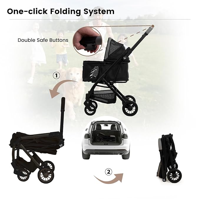 Lightweight Dog Stroller for Small Dogs &amp; Cats Portable Compact Folded Pet Stroller Up to 35lbs Medium Pets One Click Folding Large Cat Carriage with Convertible Canopy Storage Basket-Black