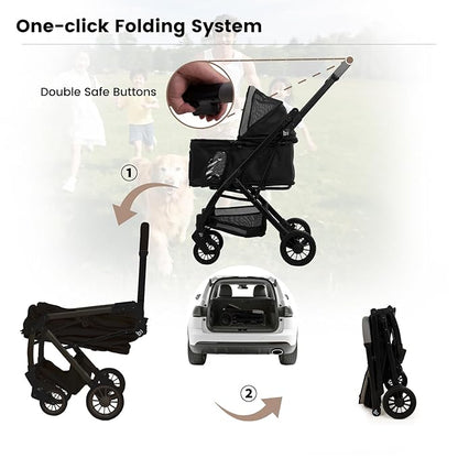 Lightweight Dog Stroller for Small Dogs &amp; Cats Portable Compact Folded Pet Stroller Up to 35lbs Medium Pets One Click Folding Large Cat Carriage with Convertible Canopy Storage Basket-Black