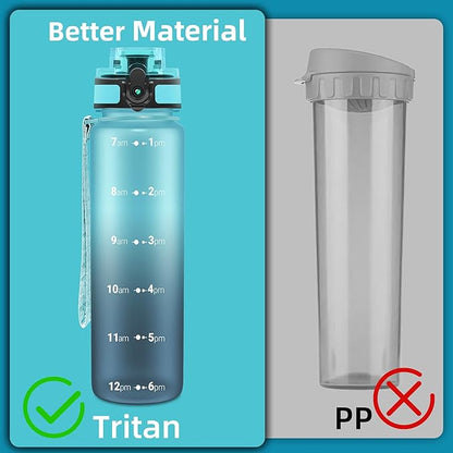 OLDLEY 32 oz Water Bottle, Motivational Water Bottle with Time Marker, Sports Water Bottle With Strap, Leakproof &amp; BPA Free Large Water Bottles for School, Gym, Travel, Outdoor, Tritan,Blue&amp;Gray