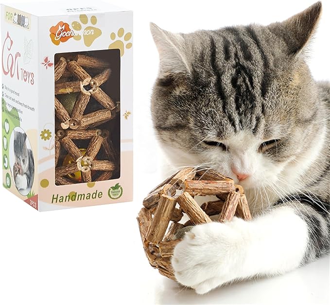 Catnip Toys-2Pcs Natural Silvervine Stick Catnip Ball&amp;Bell Ball-Cat Toys for Indoor Cats- Cleaning Teeth Molar Tools Matatabi Cat Chew Toy-Kitten Toys All Breeds