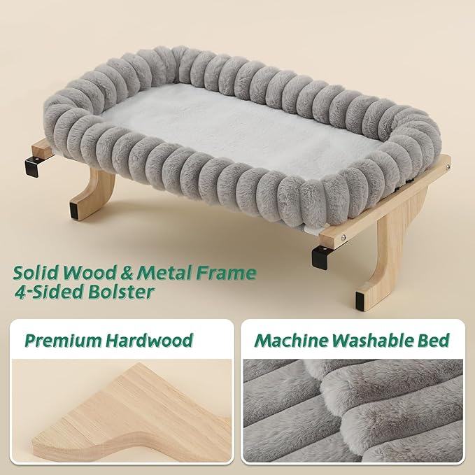 Cat Perch for Window Sill with 4-Sided Bolster - Orthopedic Cat Window Hammock - Solid Hardwood &amp; Metal Frame - Window Seat for Pets (Natural Color Wood w/Gray Bed, Medium)