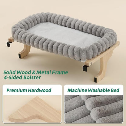 Cat Perch for Window Sill with 4-Sided Bolster - Orthopedic Cat Window Hammock - Solid Hardwood &amp; Metal Frame - Window Seat for Pets (Natural Color Wood w/Gray Bed, Medium)