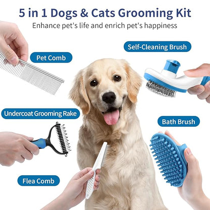 5 in 1 Dog Grooming Kit - Self-Cleaning Slicker Brush for Shedding Short Long Haired Dogs &amp; Cats, Includes Pet Comb, Flea Comb, Bath Brush, Undercoat Rake - Complete Fur Care Set - Blue