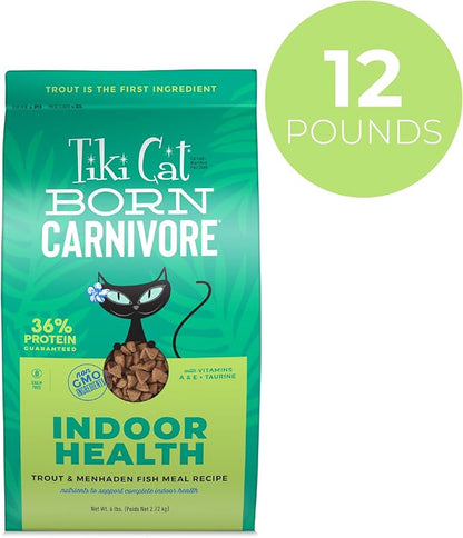 Tiki Cat Born Carnivore Indoor Health, Trout &amp; Menhaden Fish Meal, Grain-Free Baked Kibble to Maximize Nutrients, Dry Cat Food, 6 Lbs. Bag