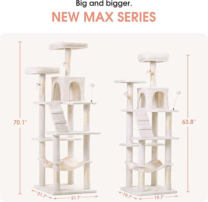 MWPO 70.1-Inch Large Cat Tree, Multi-Level Tall Cat Tower for Indoor Cats, Plush Cat Condo with Big Padded Perches, Sisal-Covered Scratching Posts, Hammock, Toys for Kittens &amp; Cats - Beige