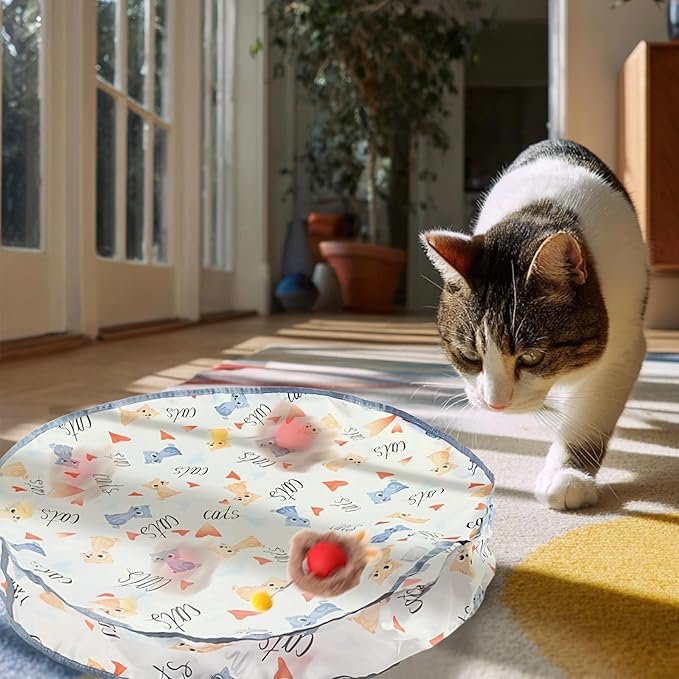 Rocfish Interactive Cat Toys Ball - Automatic Fast Rolling Ball in Play Mat, Hide and Seek Mouse Catching Game, Low-Noise Cat Enrichment Toys in Pouch for Indoor Bored Cats (Red Toy &amp; Round Mat)