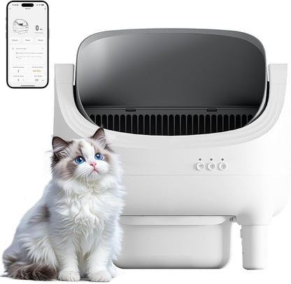 Greesum Automatic Self-Cleaning Litter Box for Cats - Open-Top Design, Easy Odor Control, Smart APP Control, 15L Large Waste Bin, Includes Trash Bags &amp; Mat (Grey)