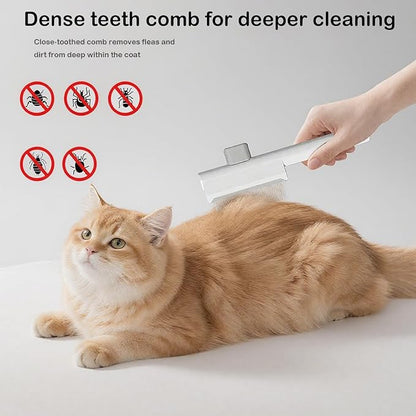 Pet Grooming Combo - Flea Comb(Dense Teeth) and Pet Hair Removal Comb(Long &amp; Short Stainless Steel Teeth) with Release Button for Grooming Massaging and Cleaning Remove Fleas on Cat and Dog