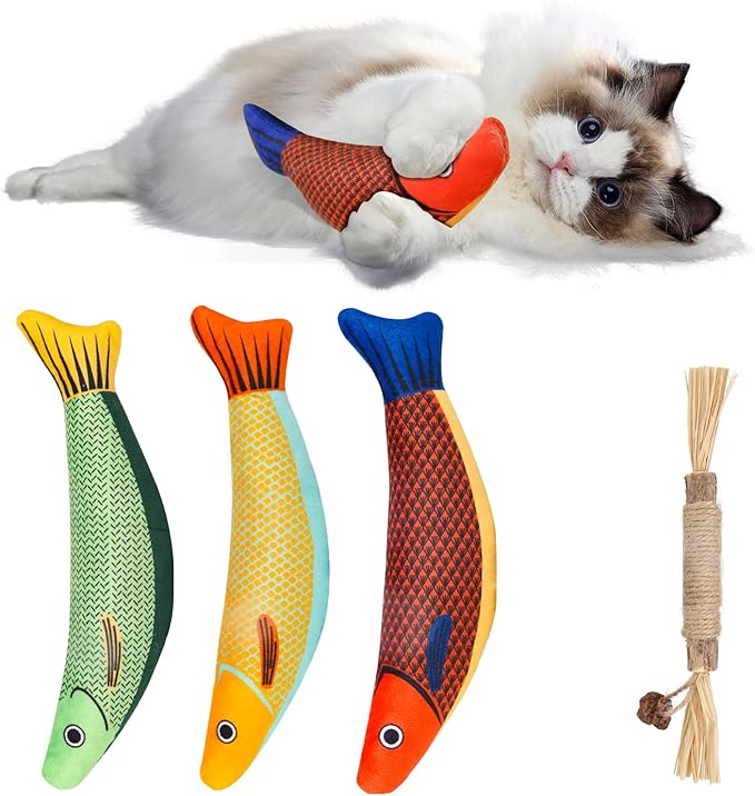 Cat Toys 4 Pack, Fish Shaped Catnip Toys with Crinkle Sound, Durable Interactive Chew &amp; Kicker Toys for Indoor Cats, 8.1 Inch for All Breeds