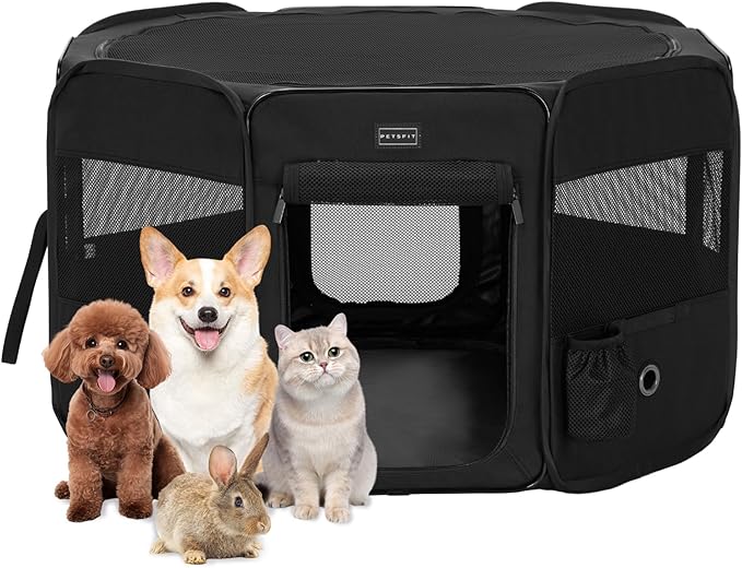 PETSFIT 45.5" Dog Playpen with Dual Zipper Doors –Sturdy Foldable Pet Playpen for Large &amp; Medium Dogs with Removable Mesh Top and Leakproof Bottom