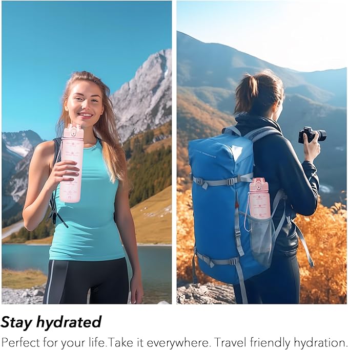 32oz Motivational Water Bottles with Time Marker &amp; Fruit Strainer, Transparent Gradient Color Water Bottle with Times to Drink, Leakproof &amp; BPA Free, Reusable Bottle with Strap (No Straw)